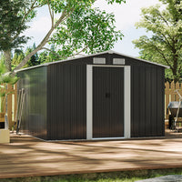 Closed 8x8ft Black Metal Shed – Gable Roof Outdoor Structure in Garden Scene