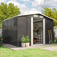 Black 6x8ft shed with open doors revealing stored garden tools, set against fence in backyard