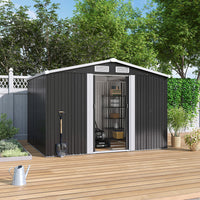 6x8ft black metal garden storage shed with gable roof and sliding doors in garden setting