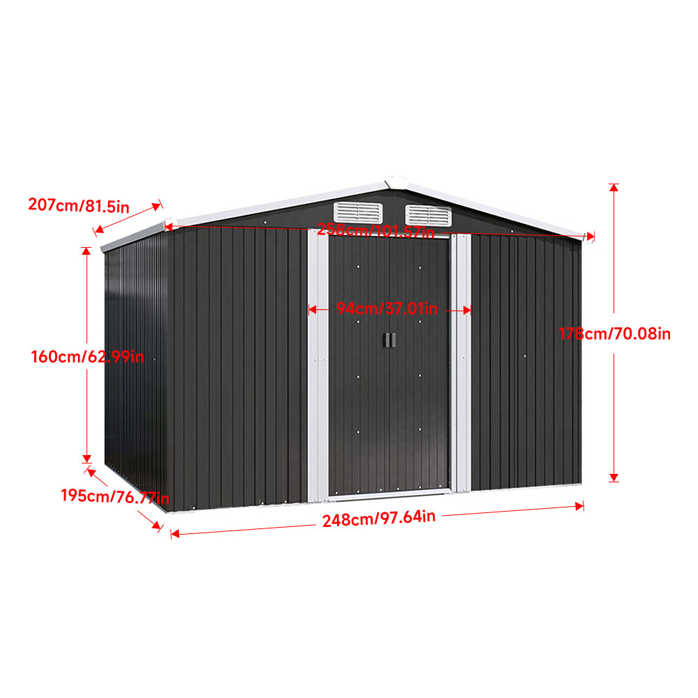 Measurement diagram of black 6x8ft metal garden shed with labeled length, width, and height