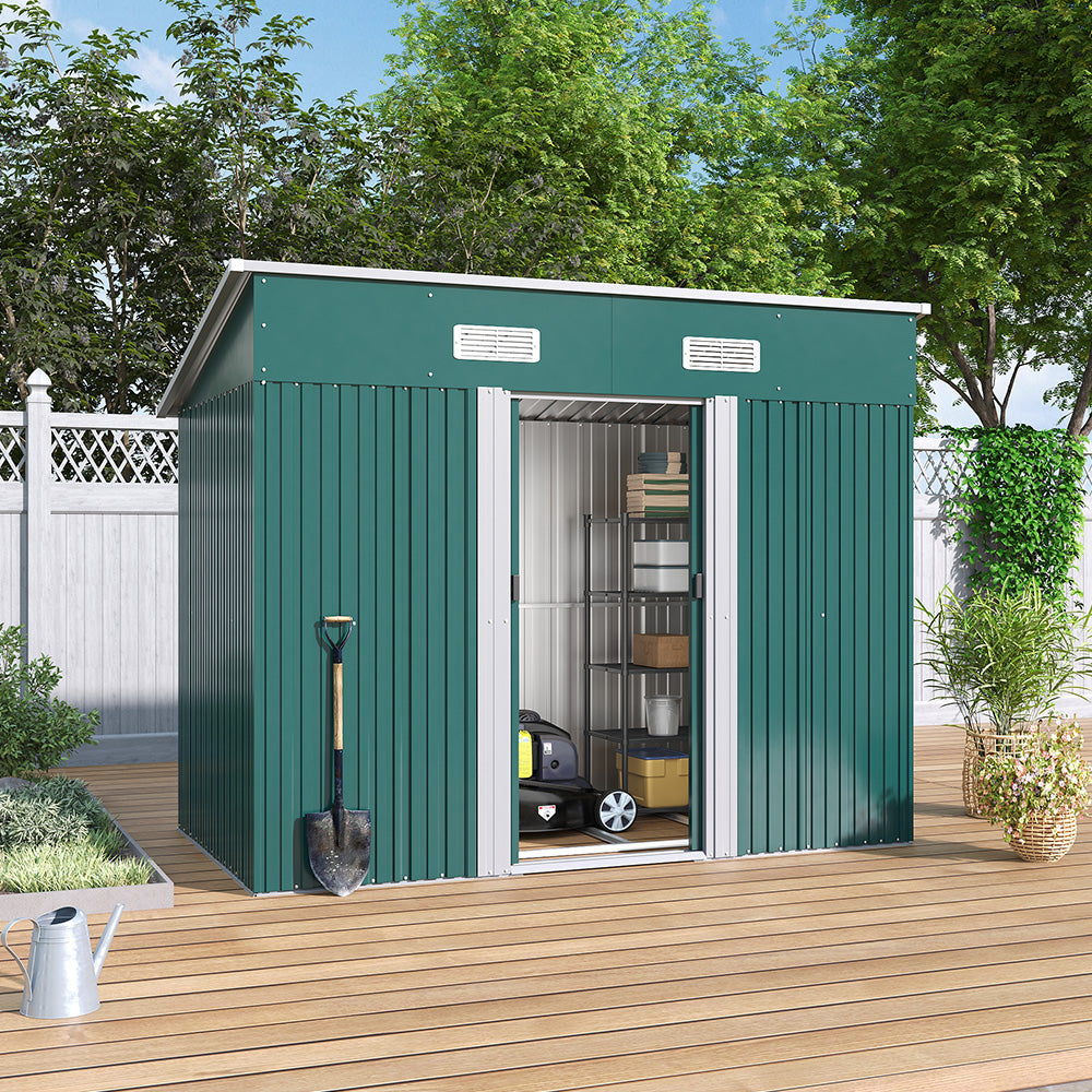 4x8ft green metal garden storage shed with sloped roof - front angled view