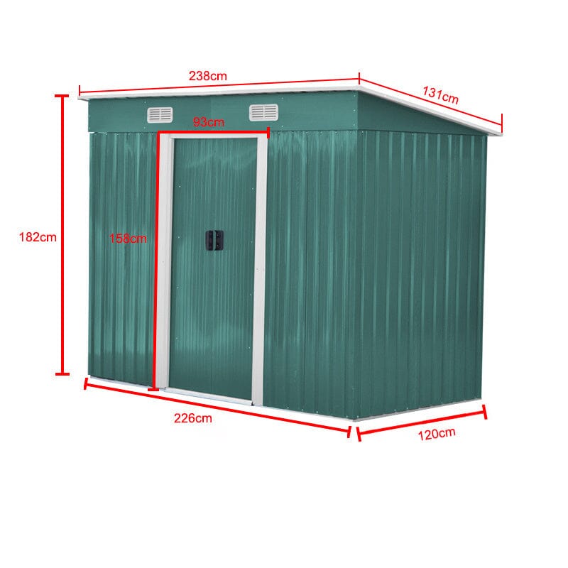 4x8ft green garden shed exterior dimensions diagram - length, width, height