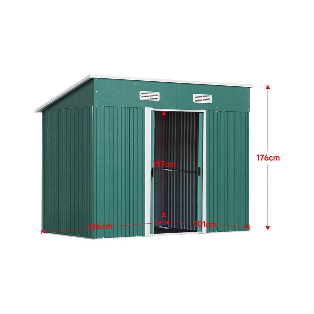 internal measurements of green garden shed - detailed size layout diagram