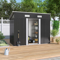 4x8ft black metal garden storage shed with sloped roof - front angled view