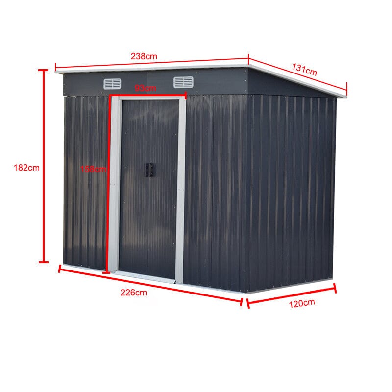black 4x8ft garden shed external size chart - height, width, depth