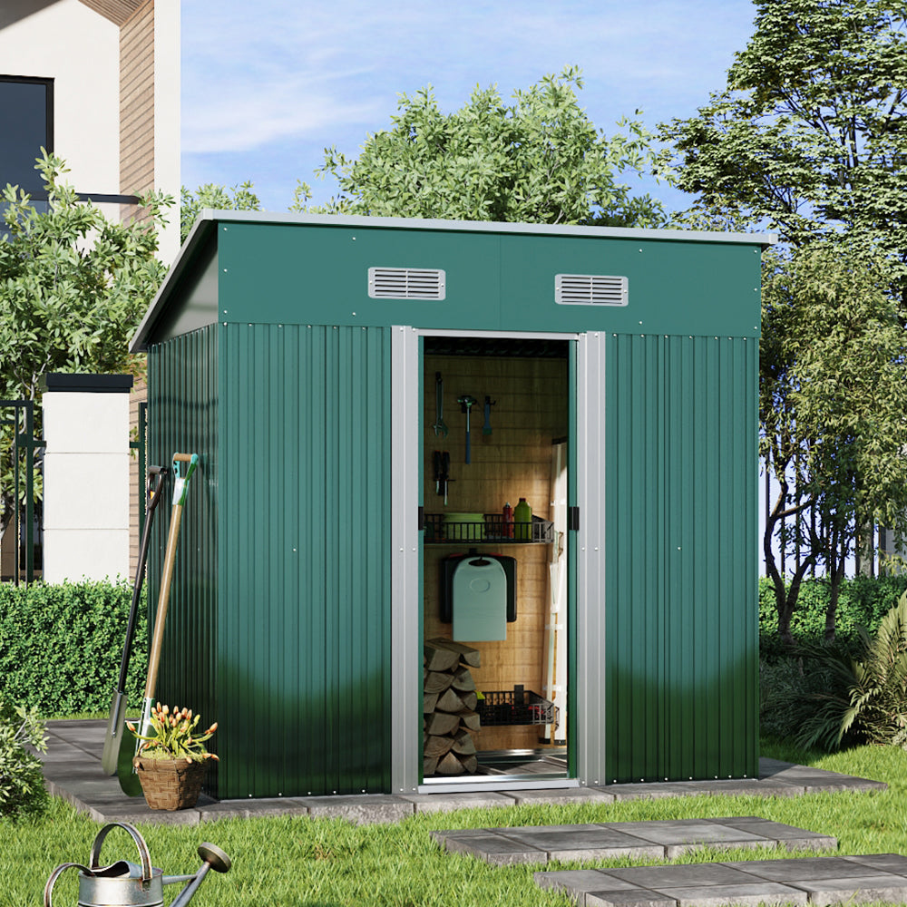 4x6ft Green Steel Garden Storage Shed with Sloped Roof – Weatherproof Outdoor Tool Shed