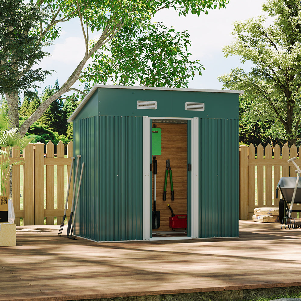 4x6ft Green Sloped Roof Metal Shed – Spacious Interior with Gardening Tools
