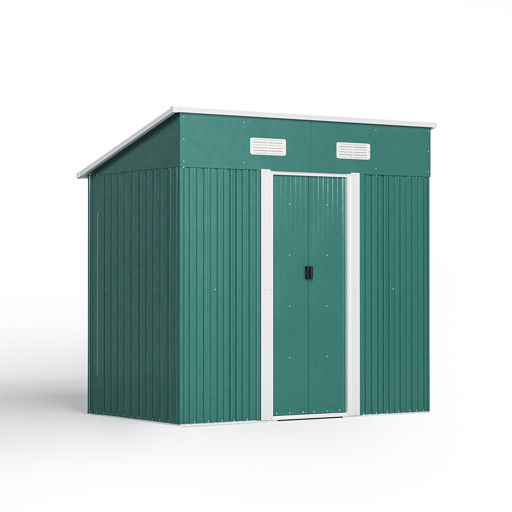 Green 4x6ft Metal Garden Shed – Sloped Roof Outdoor Storage for Tools and Equipment