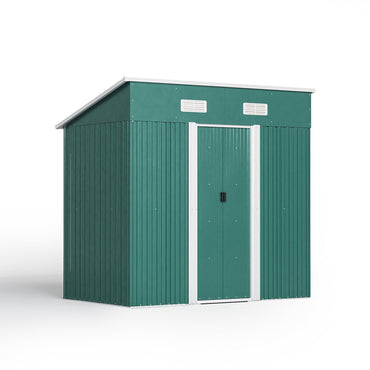 Green 4x6ft Metal Garden Shed – Sloped Roof Outdoor Storage for Tools and Equipment