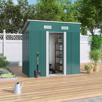 Open Green 4x6ft Garden Shed with Tools Inside – Ideal Outdoor Storage Solution