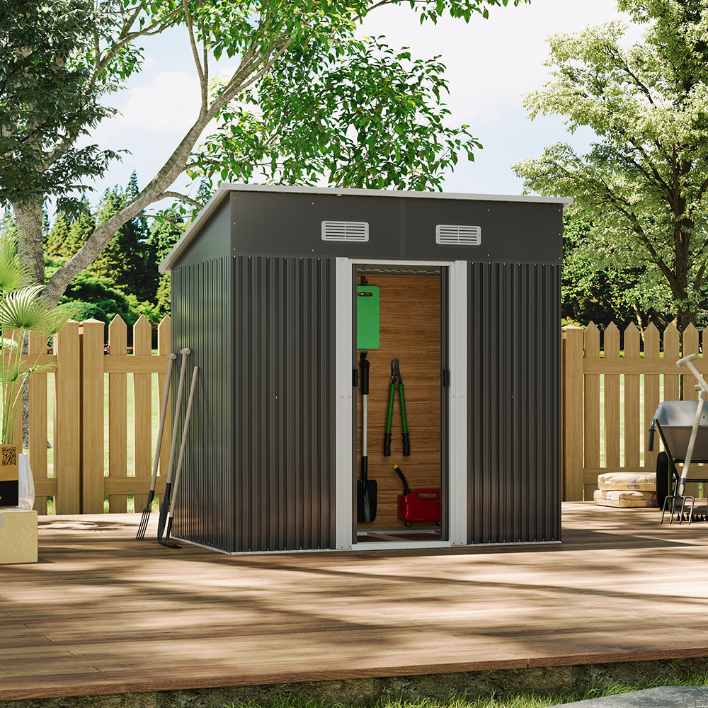 4x6ft Black Metal Shed with Open Doors – Gardening Tools Neatly Stored Inside