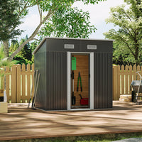 4x6ft Black Metal Shed with Open Doors – Gardening Tools Neatly Stored Inside