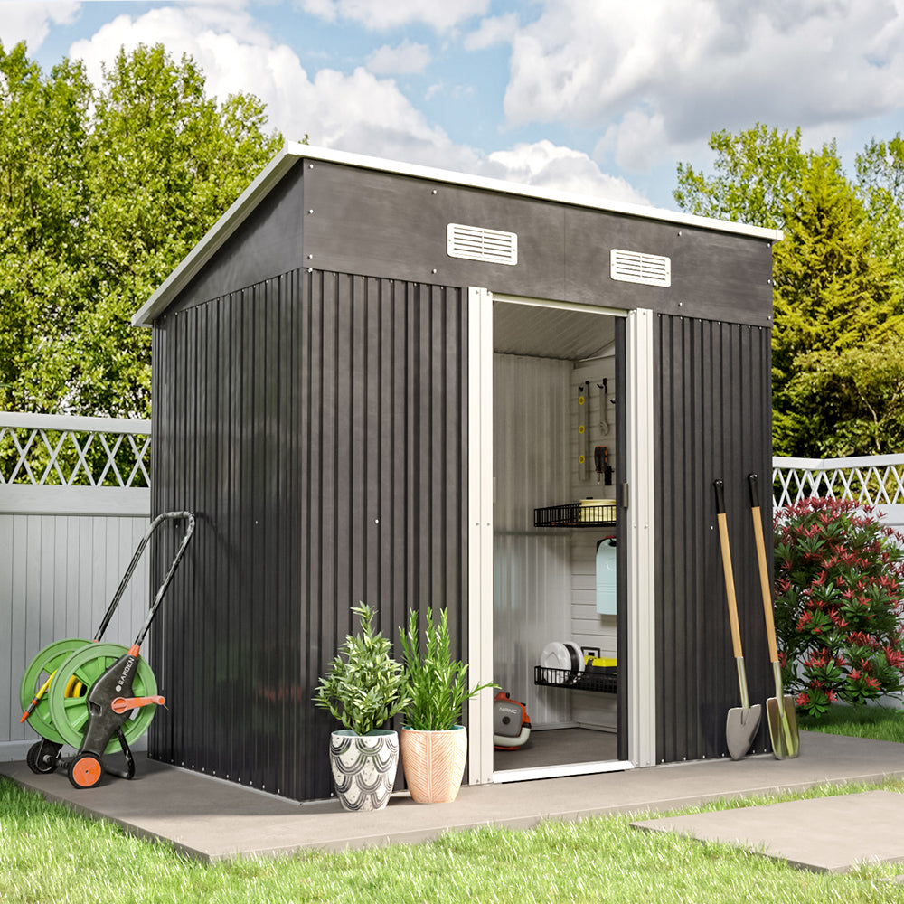 black garden shed with open doors and tools inside - backyard storage solution