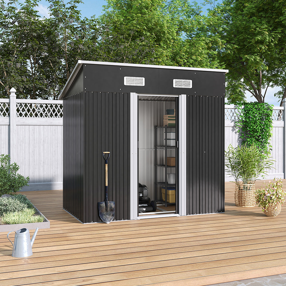 4x6ft Black Metal Garden Storage Shed with Sloped Top – Lockable Outdoor Tool Shed