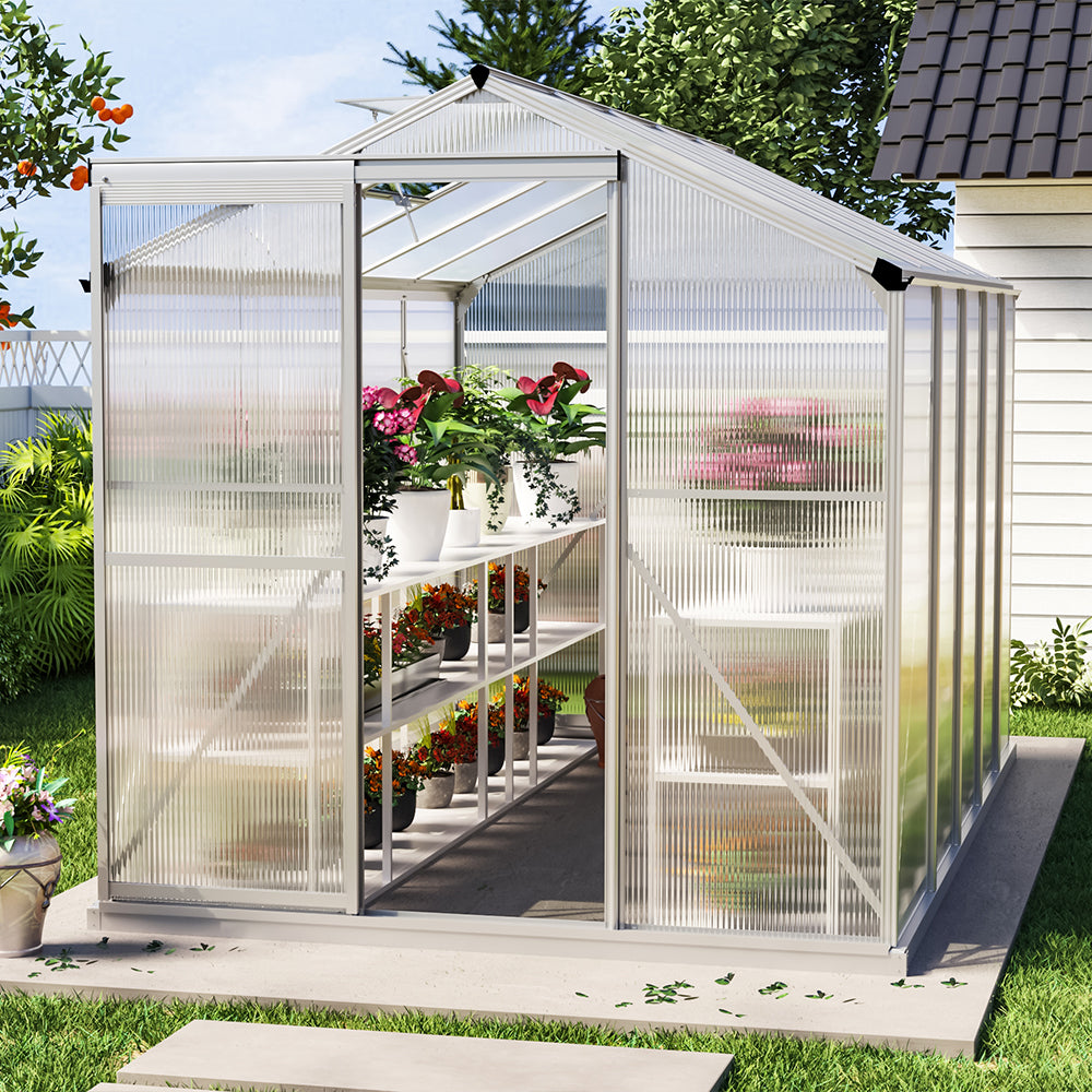 8x6ft aluminum garden greenhouse with roof vent, no base, for backyard planting