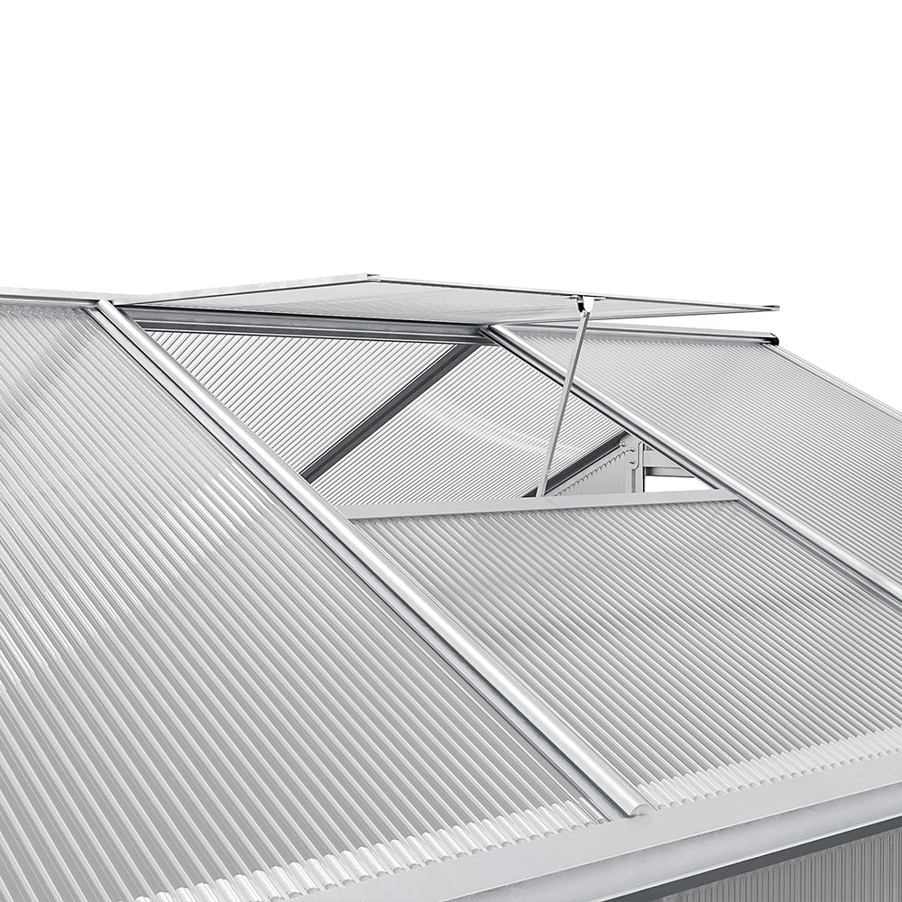 ventilation window close-up on 8x6ft silver aluminum greenhouse without base