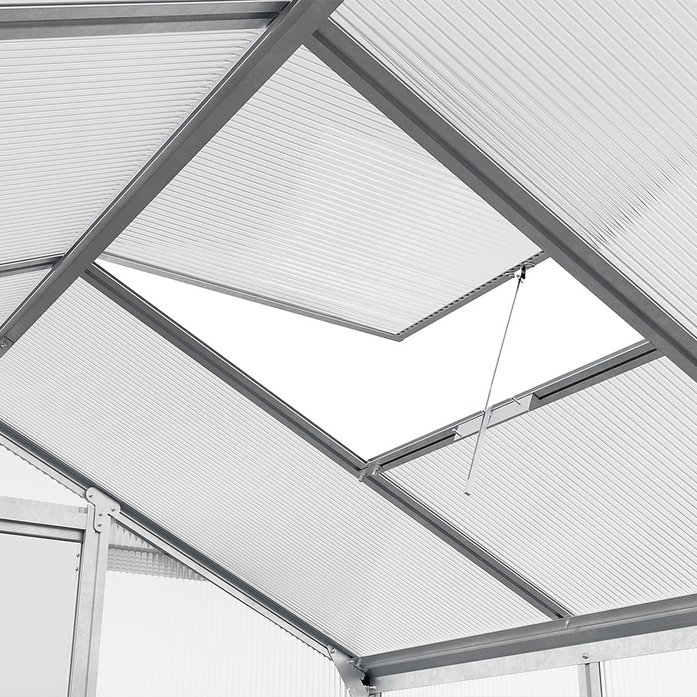 roof vent detail on 8x6ft aluminum garden greenhouse with base frame