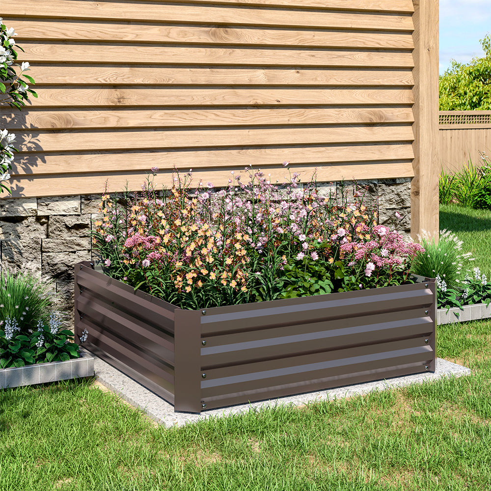 Brown Galvanized Steel Square Raised Garden Bed in a garden filled with flourishing plants, 100cm W x 60cm D x 30cm H