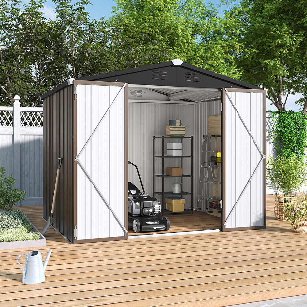 open 8x6ft garden shed placed beside fence with tools stored inside - backyard storage solution