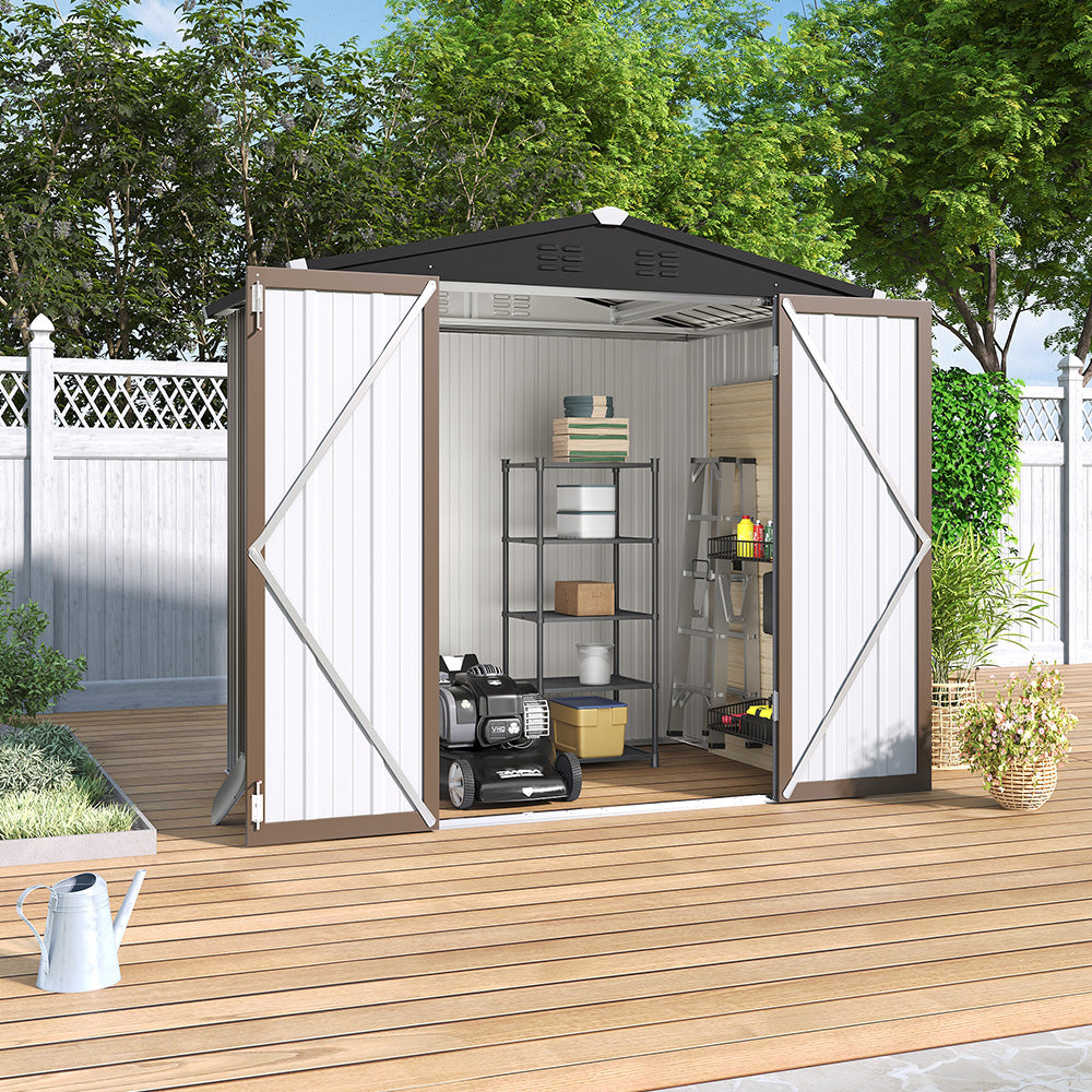 open 7x4ft garden shed with tools inside – placed beside backyard fence for outdoor storage