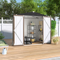 open 7x4ft garden shed with tools inside – placed beside backyard fence for outdoor storage