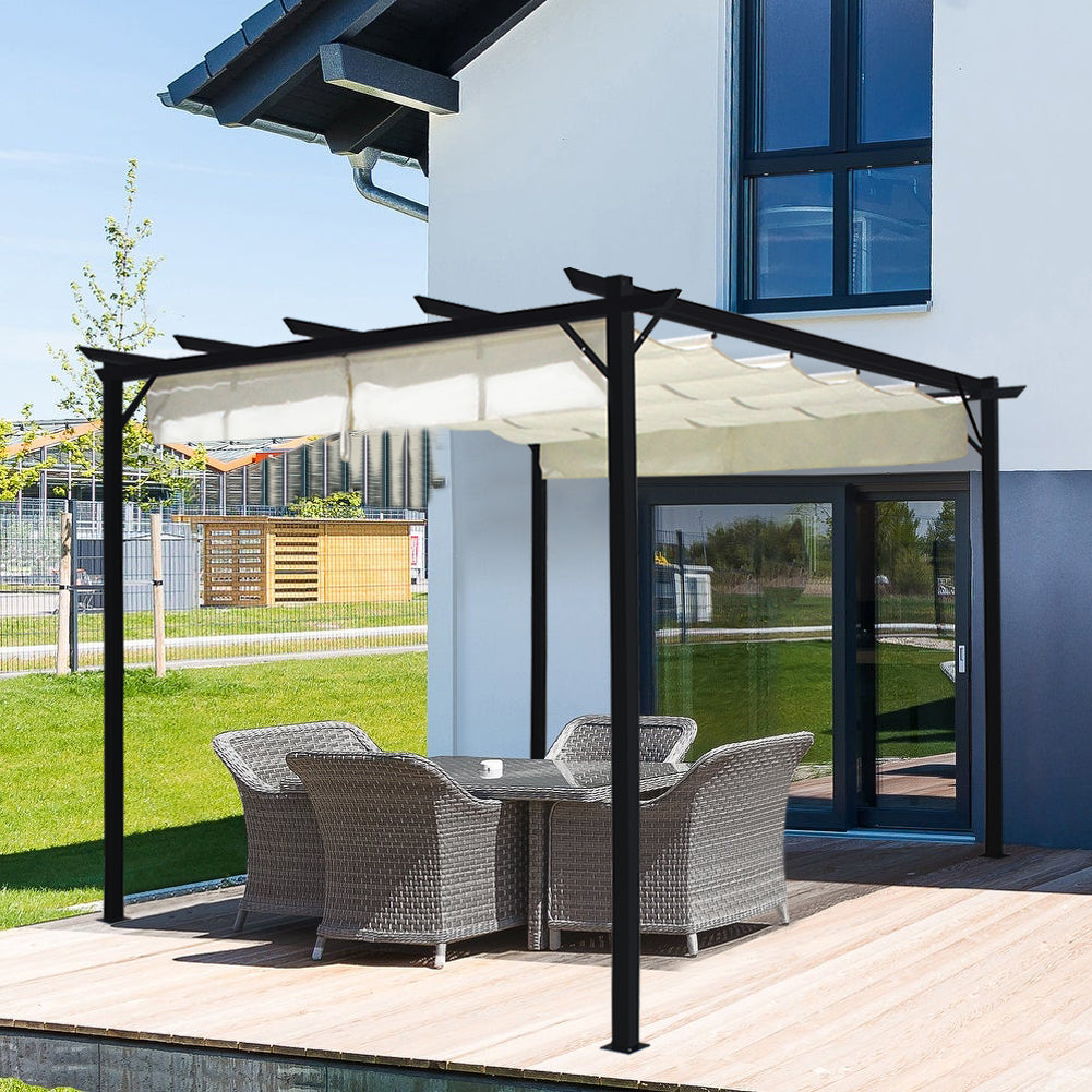 Steel Retractable Pergola Installed on Garden Patio – Ideal for Outdoor Lounging
