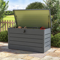 350L charcoal black steel garden storage box – waterproof lockable outdoor container for tools and cushions