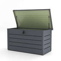 350L charcoal black steel garden storage box – waterproof lockable outdoor container for tools and cushions