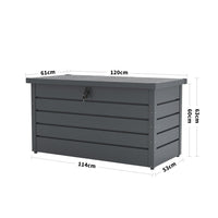 dimensions of 350L charcoal black steel garden storage box – includes length, width, and height details