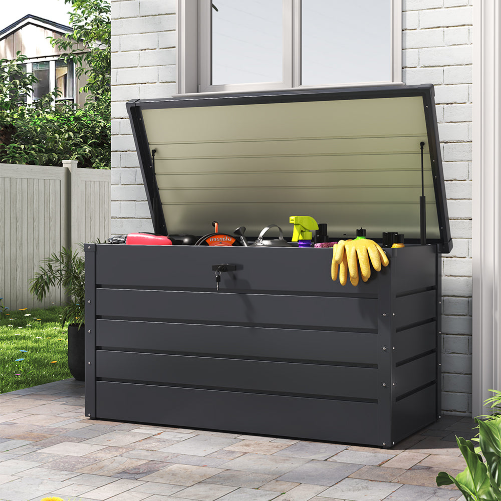 open charcoal black 350L garden storage box – shows tools and garden accessories neatly stored inside