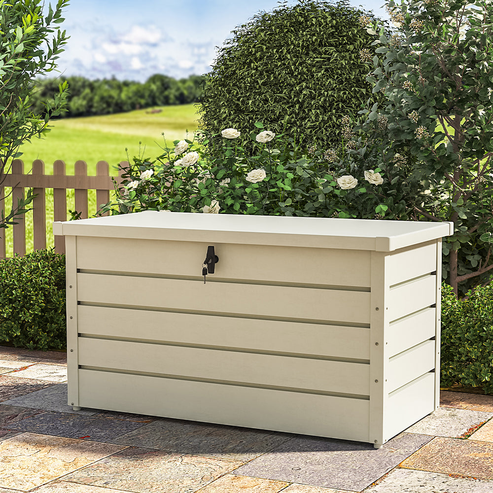 350L white garden storage box open – filled with gardening tools, hoses, and accessories