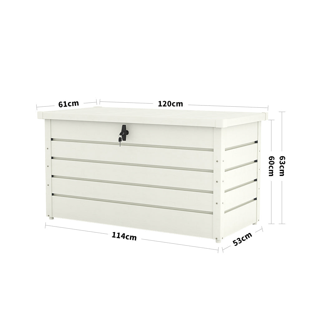 measurement chart of 350L white steel garden storage box – length, width, and height dimensions shown