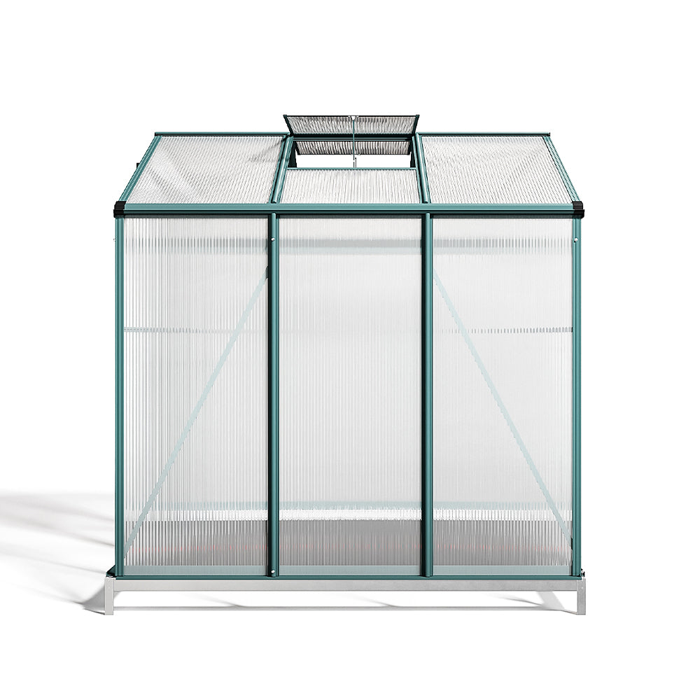 Side View of 6x6ft Green Metal Garden Greenhouse With Base – Durable Polycarbonate Structure