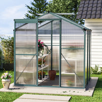 6x6ft Green Garden Greenhouse Without Base with Polycarbonate Panels and Roof Vent – Front View