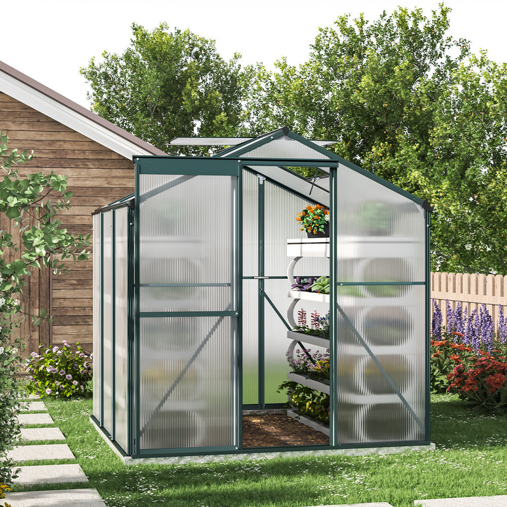 Green Framed 6x6ft Walk-In Greenhouse Without Base in Garden Setting – Ideal for Growing Plants and Vegetables