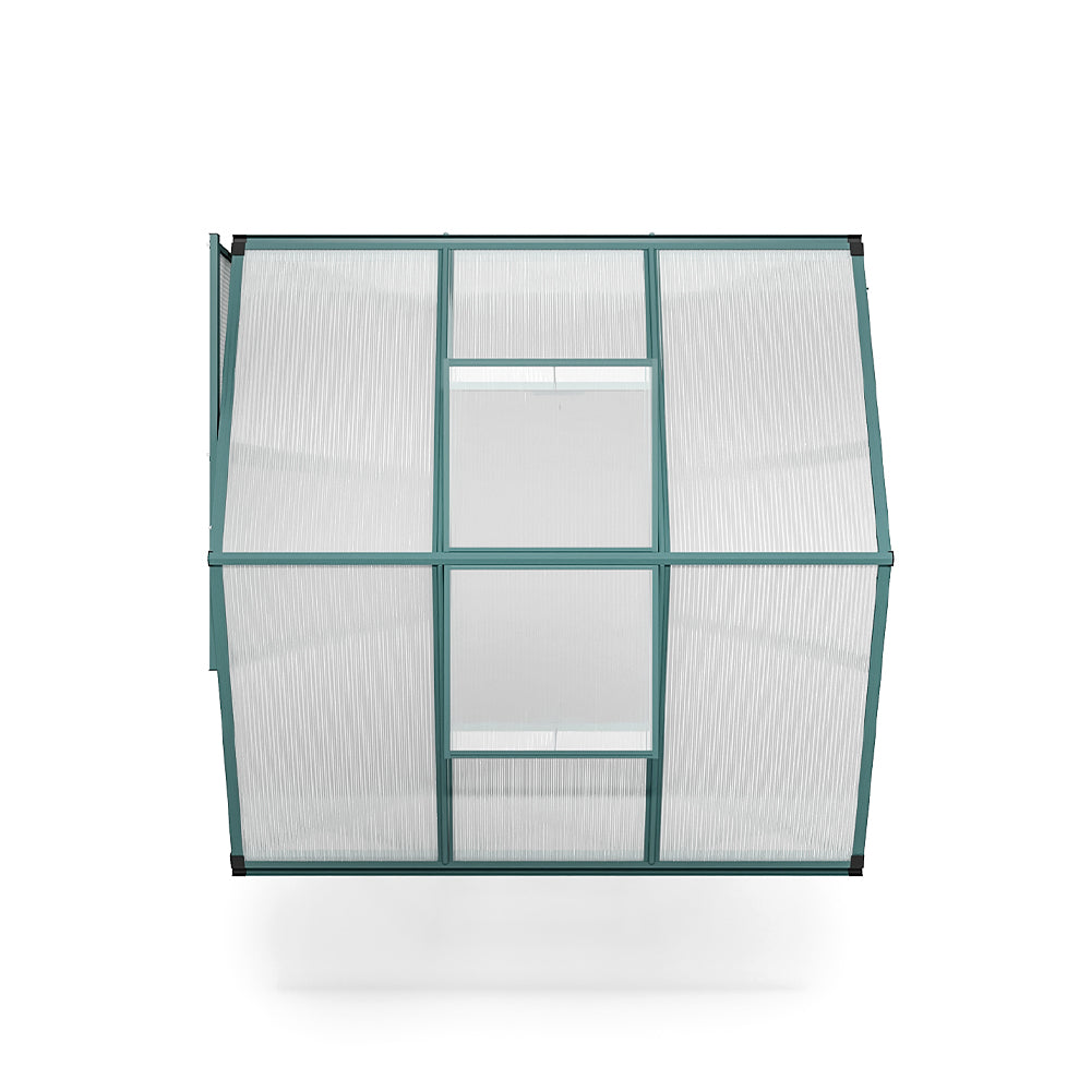 Top-Down View of 6x6ft Green Metal Framed Greenhouse Without Base – Spacious Walk-In Interior
