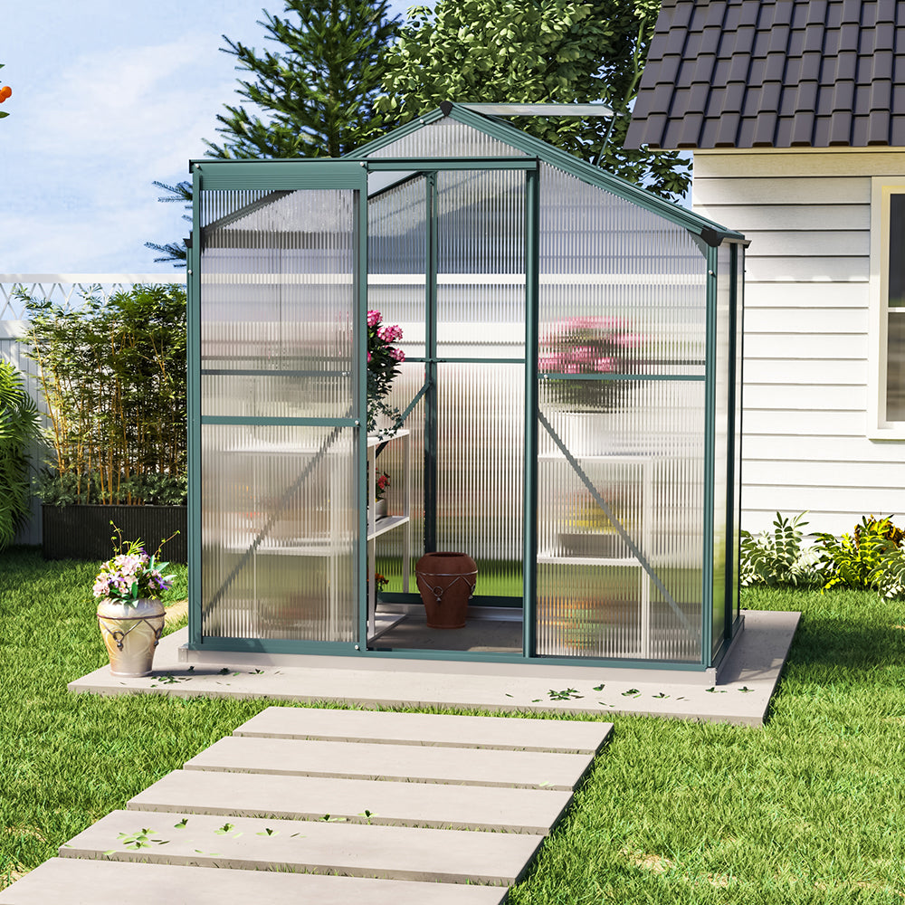 4x6ft Green Garden Greenhouse without Base – Polycarbonate Panels and Green Frame with Roof Vent
