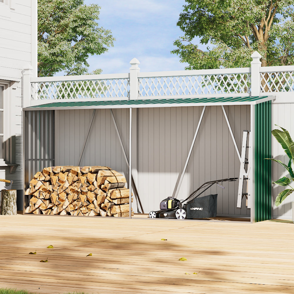 11x3ft Green Metal Garden Shed Installed by Fence – Outdoor Storage Solution for Tools and Equipment