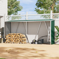 11x3ft Green Metal Garden Shed Installed by Fence – Outdoor Storage Solution for Tools and Equipment