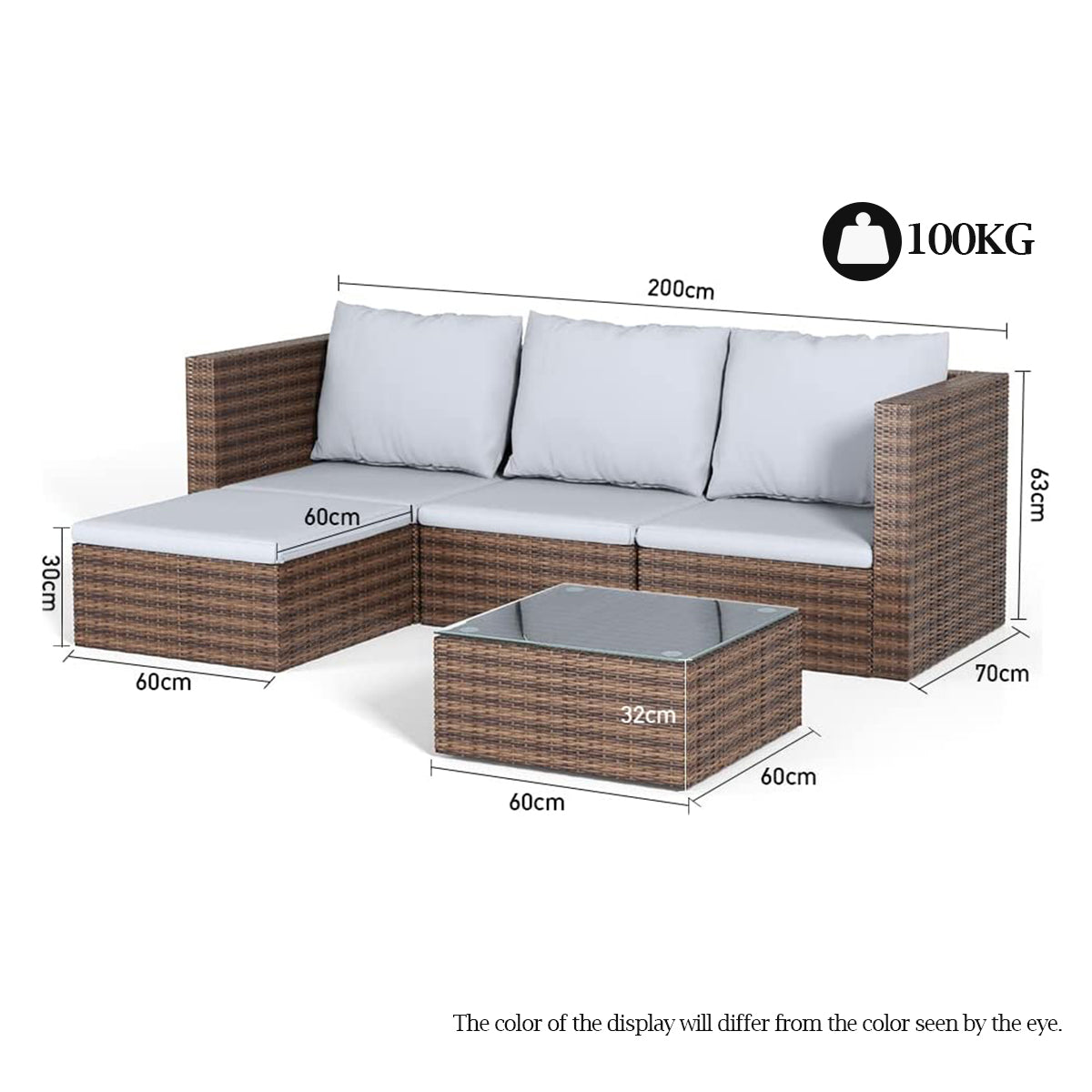 Detailed Dimensions of 5-Piece Rattan Garden Furniture Set – Sofa, Ottoman and Table Measurements