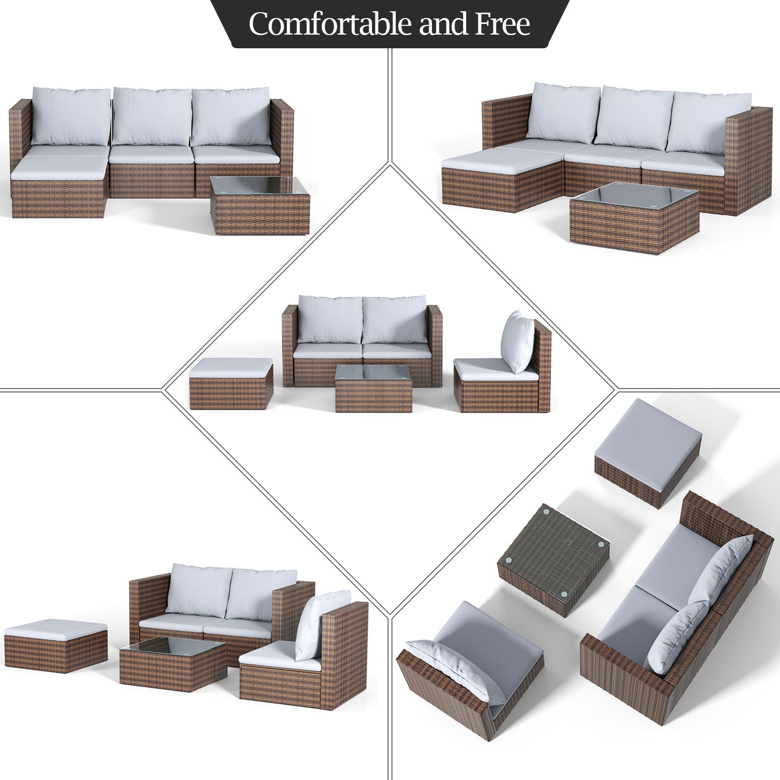 Modular Rattan Patio Sofa Set Arranged in Multiple Configurations – Flexible Layout Options