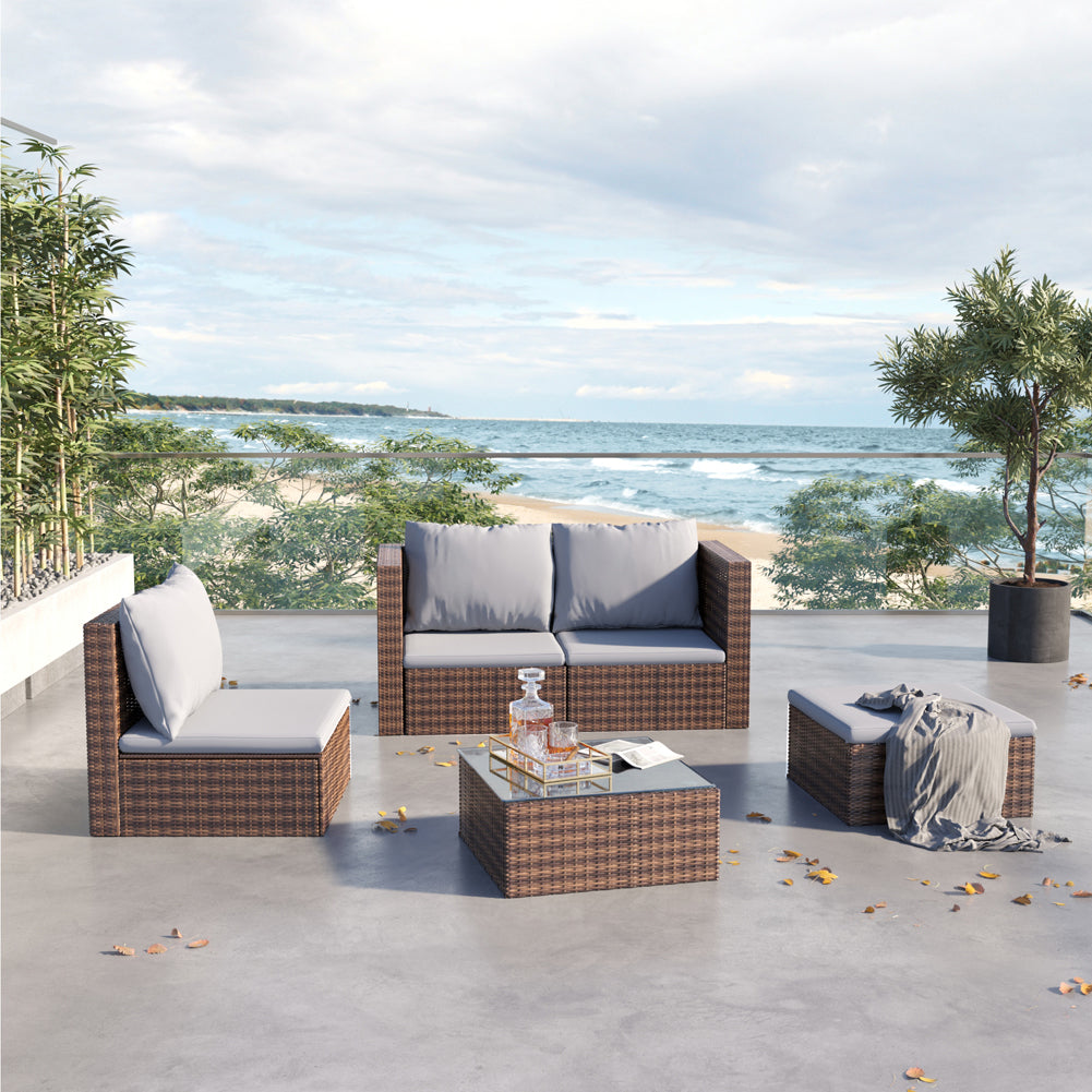 5-Piece All-Weather Rattan Patio Sofa Set with Cushions – Modern Outdoor Seating Ensemble
