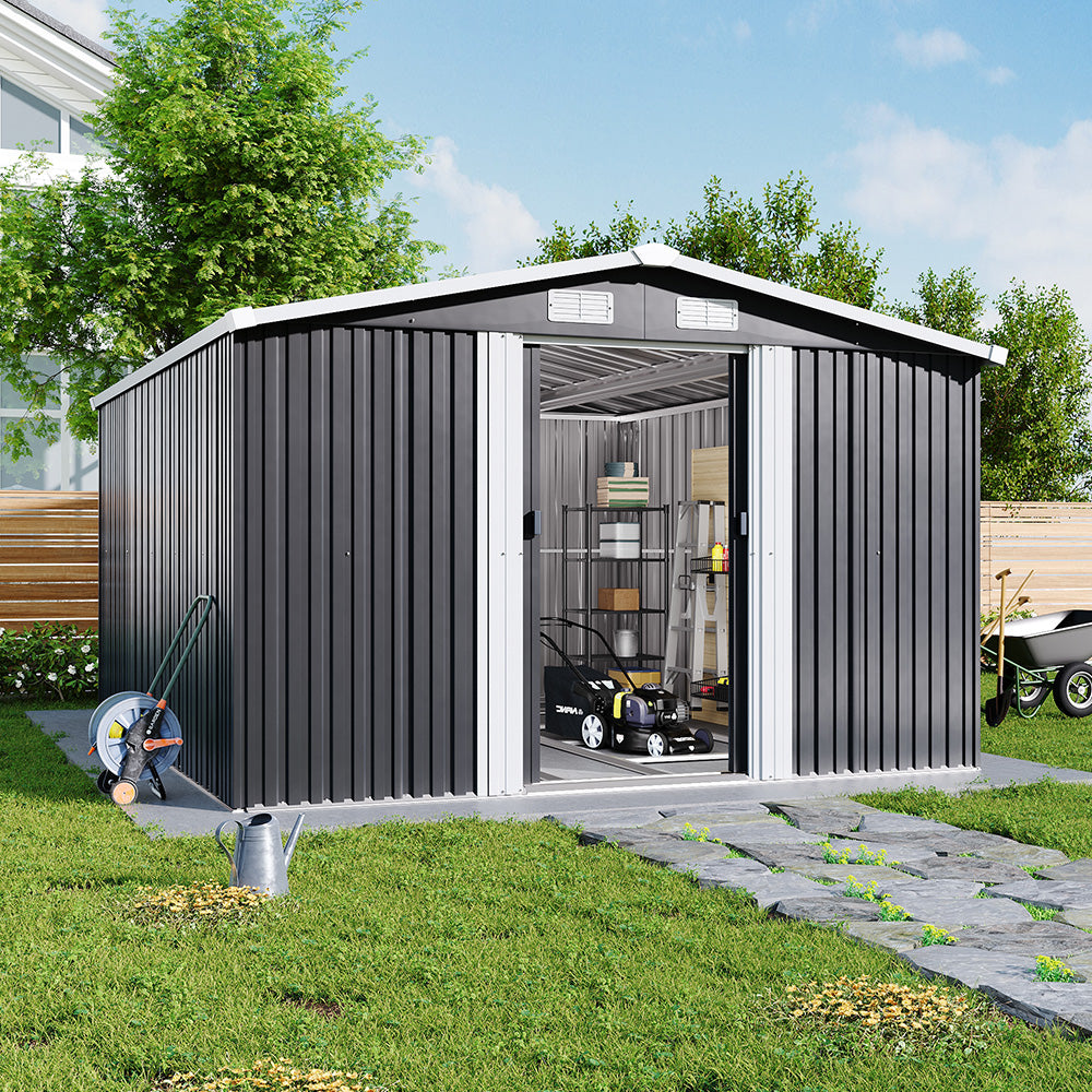10x12ft Outdoor Metal Garden Storage Shed with Gabled Roof – Spacious Weatherproof Utility Shed