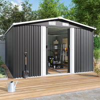 10x12ft Metal Garden Shed with Tools and Equipment – Ideal Outdoor Storage Against Wall