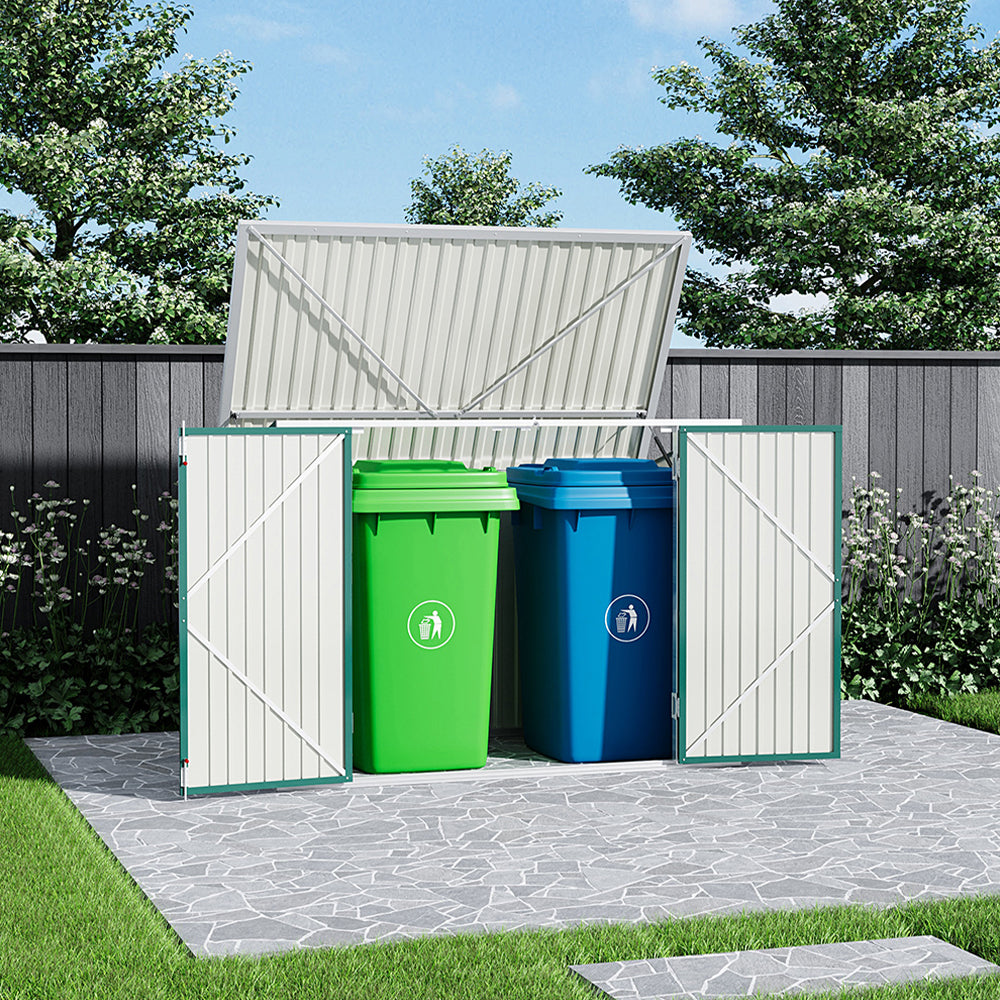 Green Steel Bin Storage Shed in Garden Setting – Tidy Outdoor Waste Organization