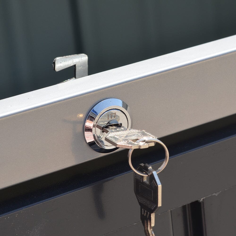 Detailed Lock Close-Up of Charcoal Black Garden Bin Shed – Anti-Theft Outdoor Design