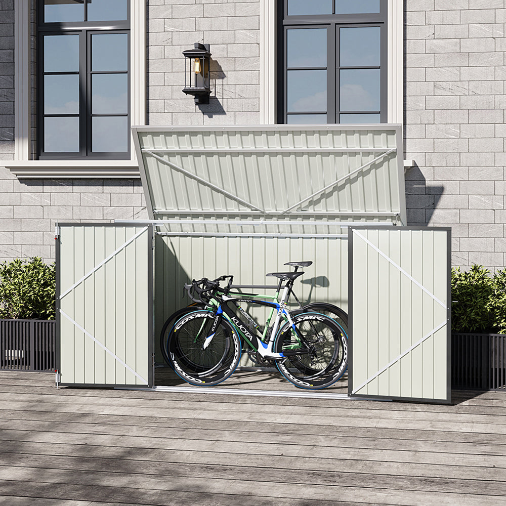 7x3ft charcoal black shed by house wall – storing bikes in secure steel shed