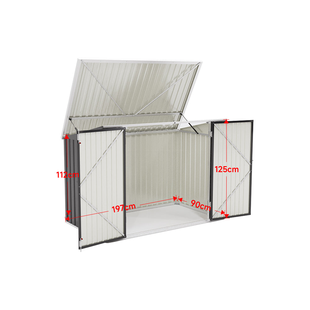 7x3ft charcoal black shed with open doors – detailed dimension illustration