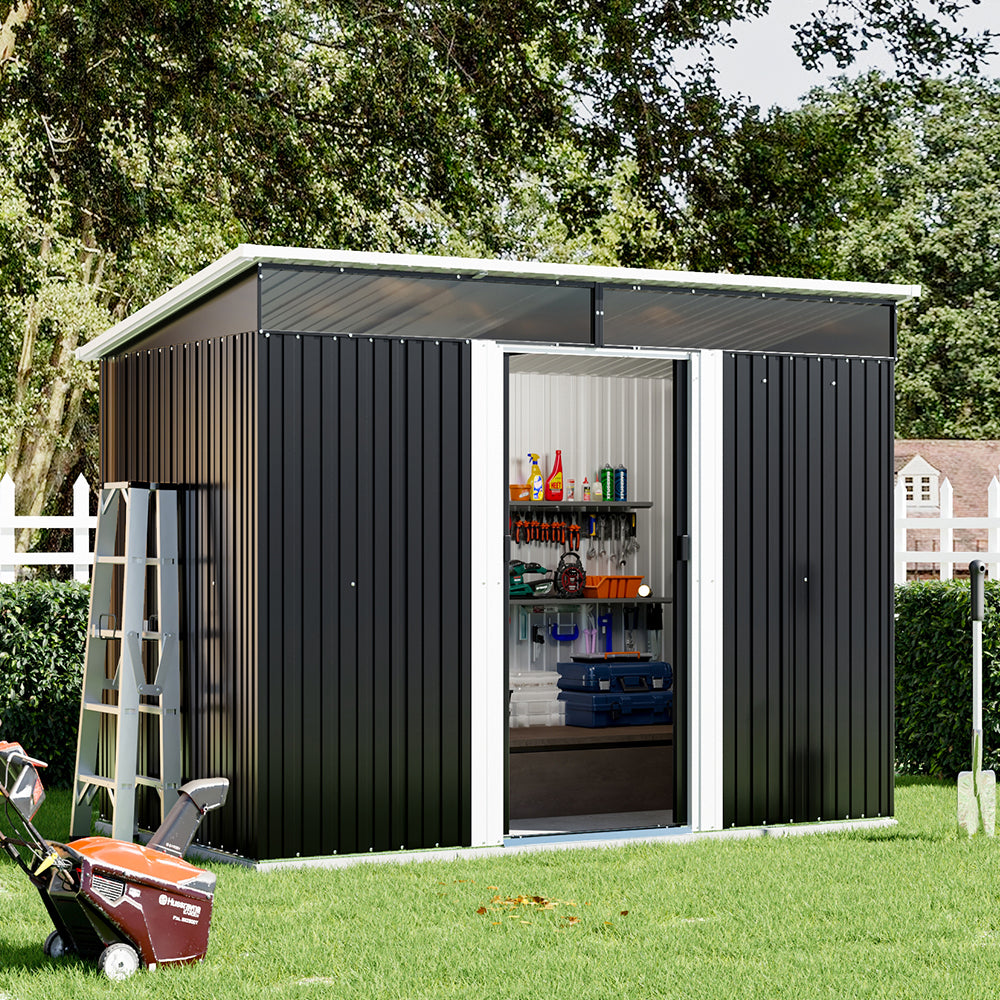 Spacious 9x6ft steel garden shed with open sliding doors, showcasing neatly stored tools and garden supplies