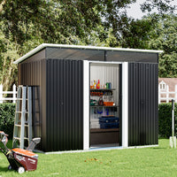 Spacious 9x6ft steel garden shed with open sliding doors, showcasing neatly stored tools and garden supplies